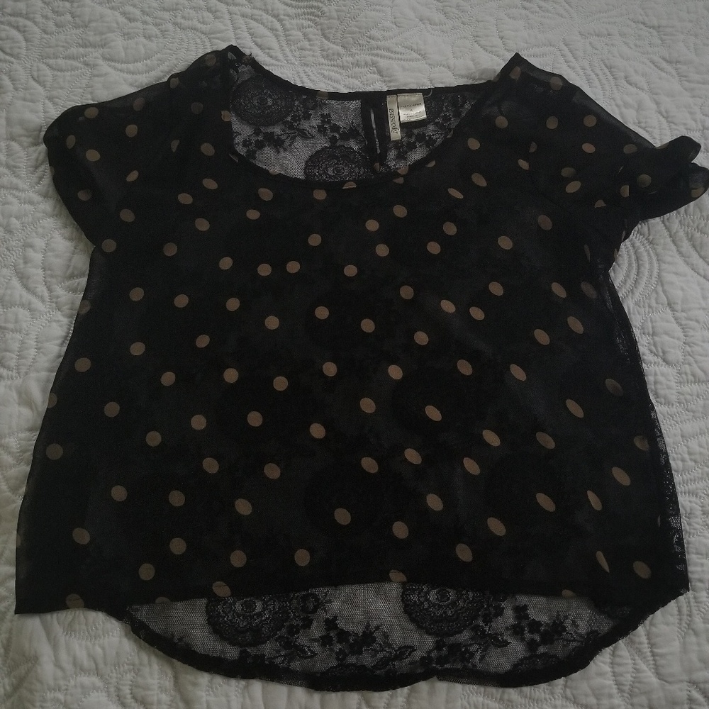 Black Sheer Top with Dots + Lace Detail
